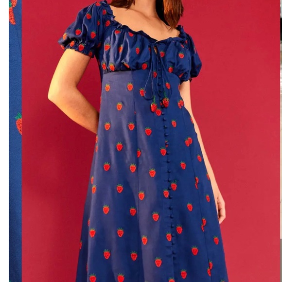 FARM Rio Dresses & Skirts - FARM RIO Strawberry Cross Stitch Midi Dress Blue Size Large